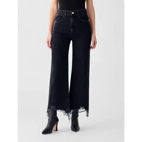 DL1961 Denim - DL1961 Hepburn Wide Leg Distressed High Rise Jean Raw Hem 24 Lark Washed Black